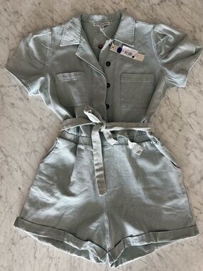 NWT Light Denim Utility Romper with Tie Waist
